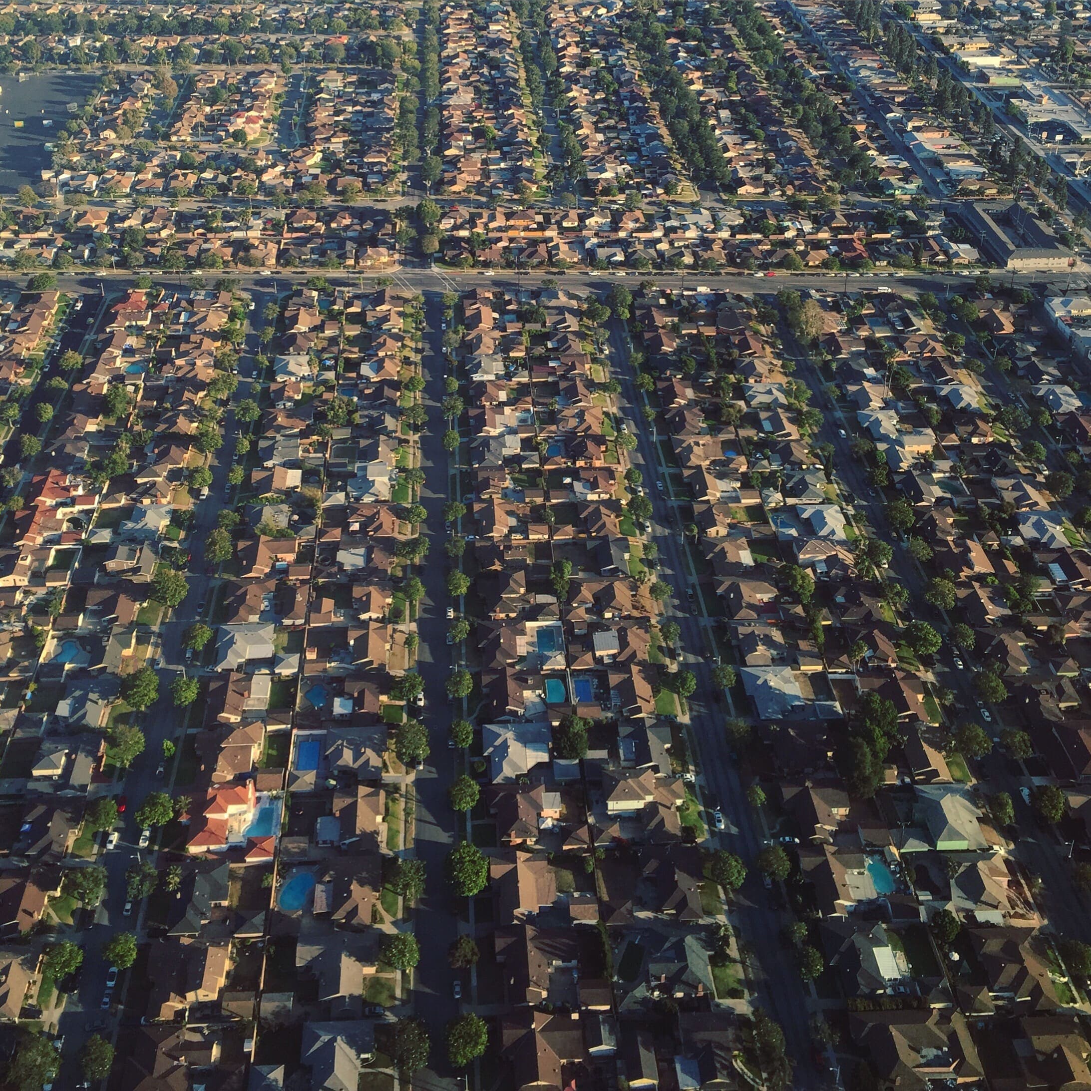 Aerial view of a Los Angeles, California suburban neighborhood — real estate investment property