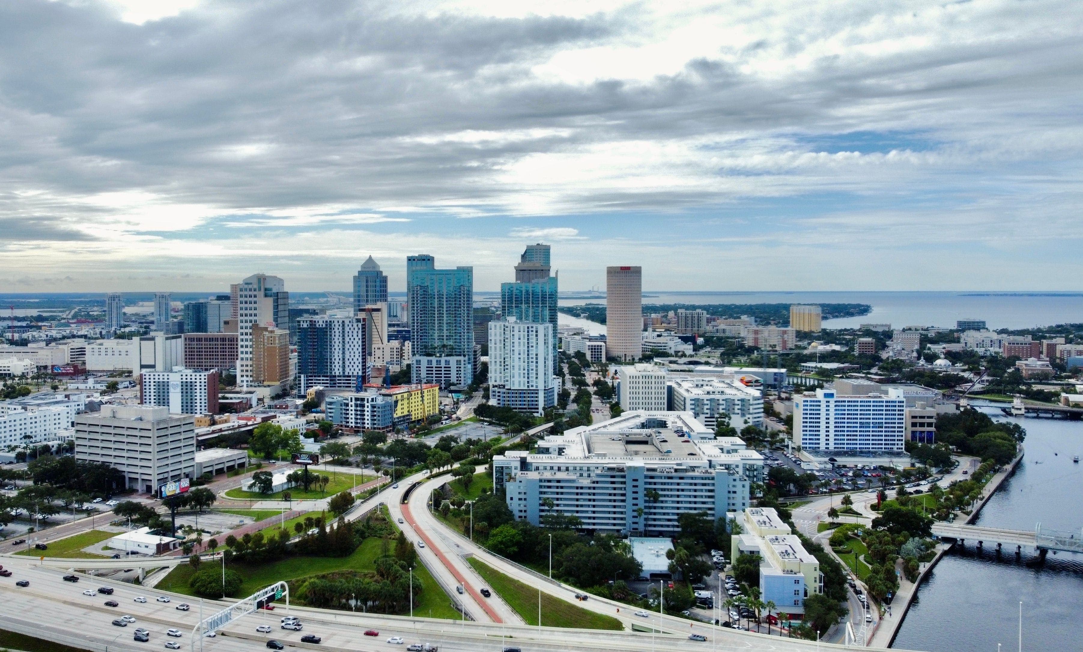 Aerial skyline view of downtown Tampa, Florida along the waterfront — real estate investment opportunities